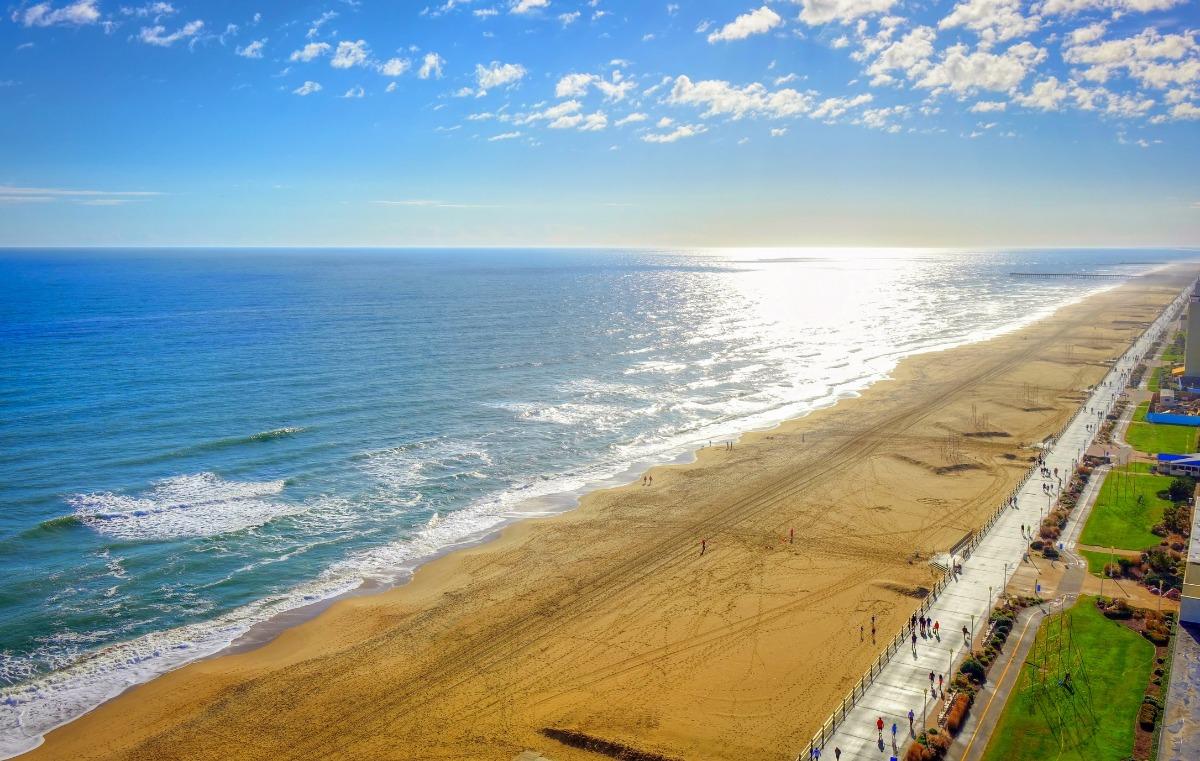 Aerial view of the Virginia Beach boardwalk. Each one of our Virginia Beach vacation rentals at The Colony is directly oceanfront, with a spectacular view of the Atlantic Ocean.